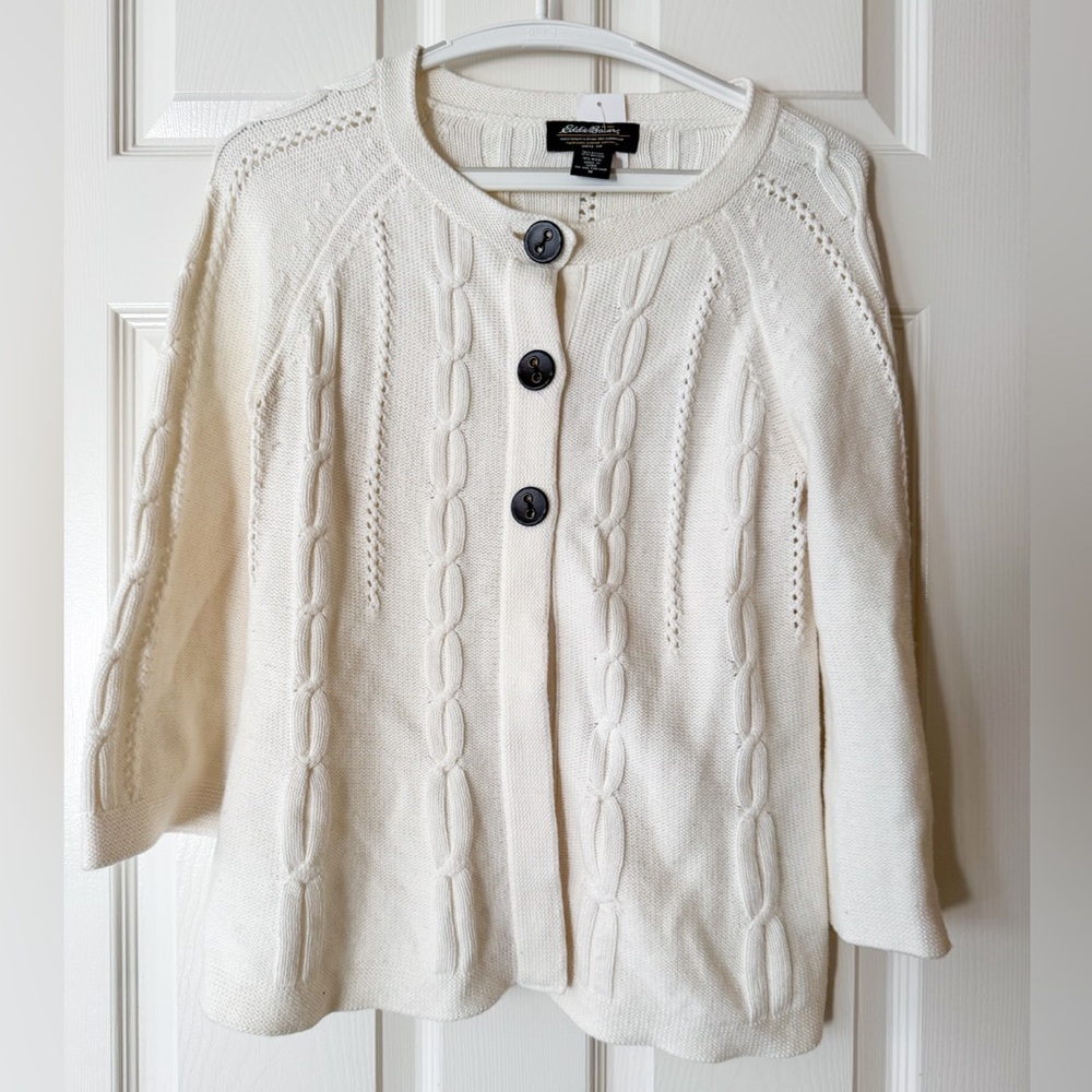 Eddie Bauer Ivory Coastal Spring Wool Cotton Blend Knit Cardigan Pullover M